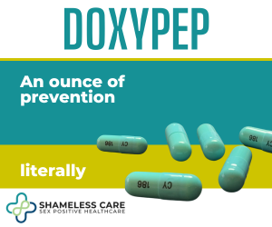 DoxyPep graphic with medication in the front and the slogan, "An ounce of prevention...literally" from Shameless Care.