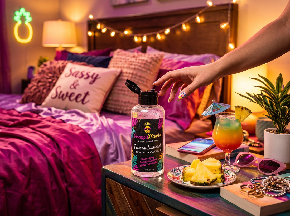 Woman reaching for a bottle of Pineapple XXclusive personal lubricant on a nightstand beside a tropical drink and pineapple neon wall art in a romantic bedroom.