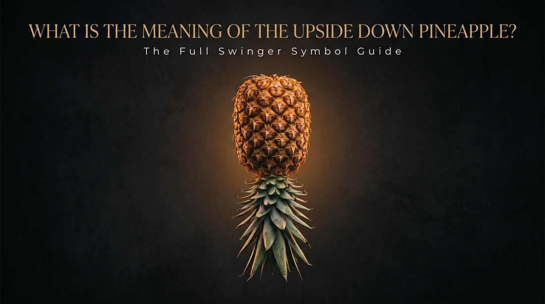 Upside-down pineapple illuminated with warm golden rim light against a dark charcoal background, representing modern swinger symbolism.