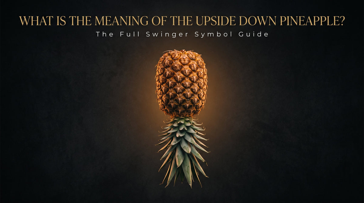 Upside-down pineapple illuminated with warm golden rim light against a dark charcoal background, representing modern swinger symbolism.