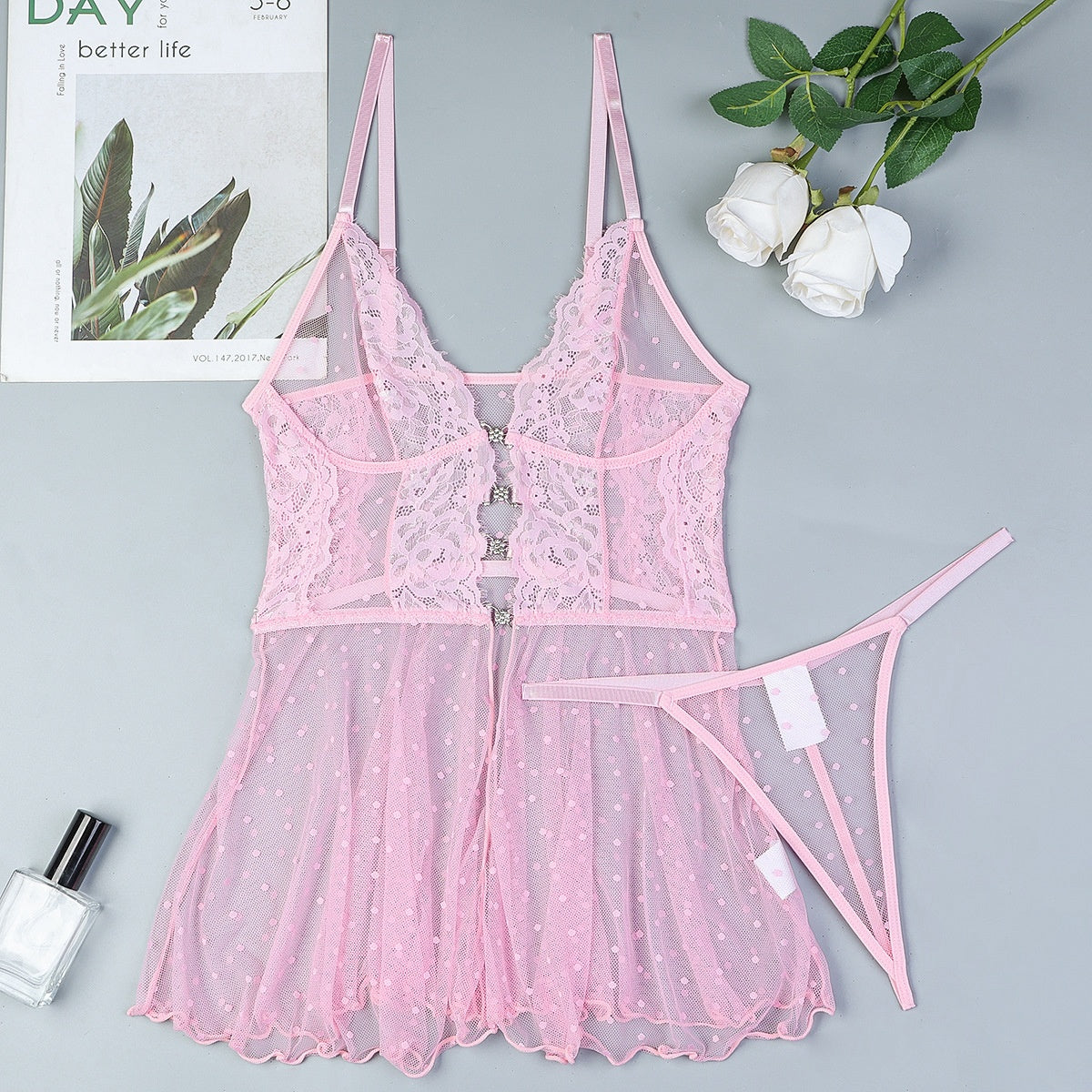Women's Underwear Sexy Polka Dot Sheer Mesh Lace Crystal Buckle Pure Elegant Strap Nightgown Two-Piece Set
