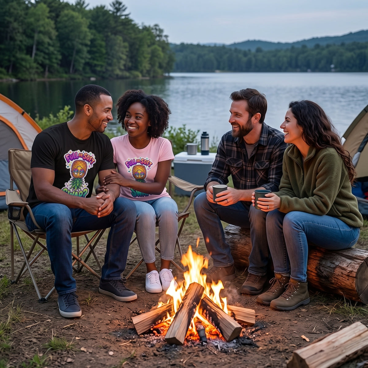 Four friends sitting around a campfire at a lakeside campsite, wearing matching graphic t-shirts with a cartoon character design. Tents, a table with mugs, and a forest backdrop are visible.