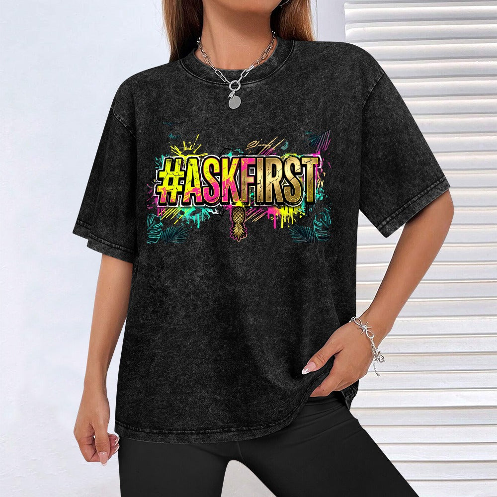 #ASKFIRST Vintage Wash Off Shoulder T-Shirt – Soft Cotton Short Sleeve Summer Top, Casual Chic Loose Fit Tee
