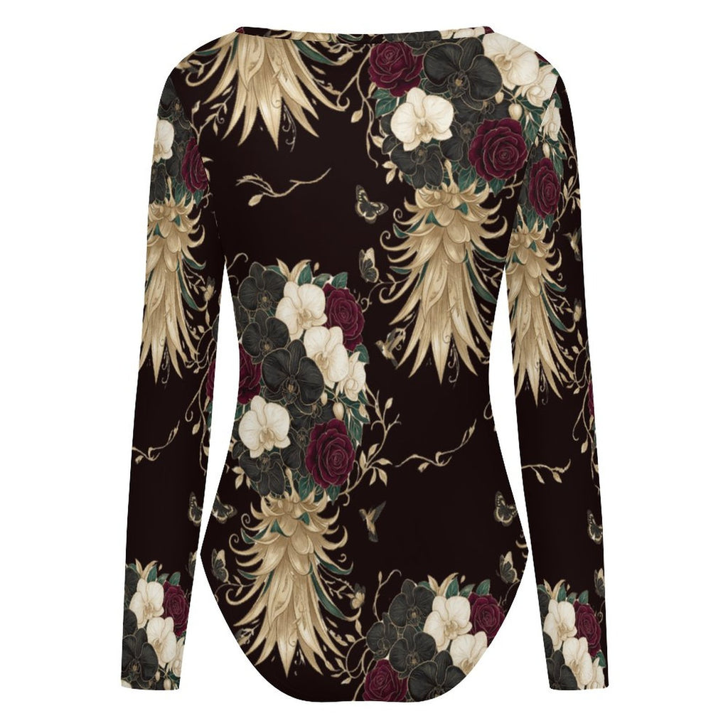 Square Floral Pineapple Long Sleeve Jumpsuit | Women’s Bodysuit