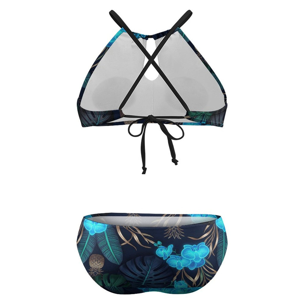 Plus Size Women's Two piece Swimsuit with High Neck Halter Top(All-Over Printing)