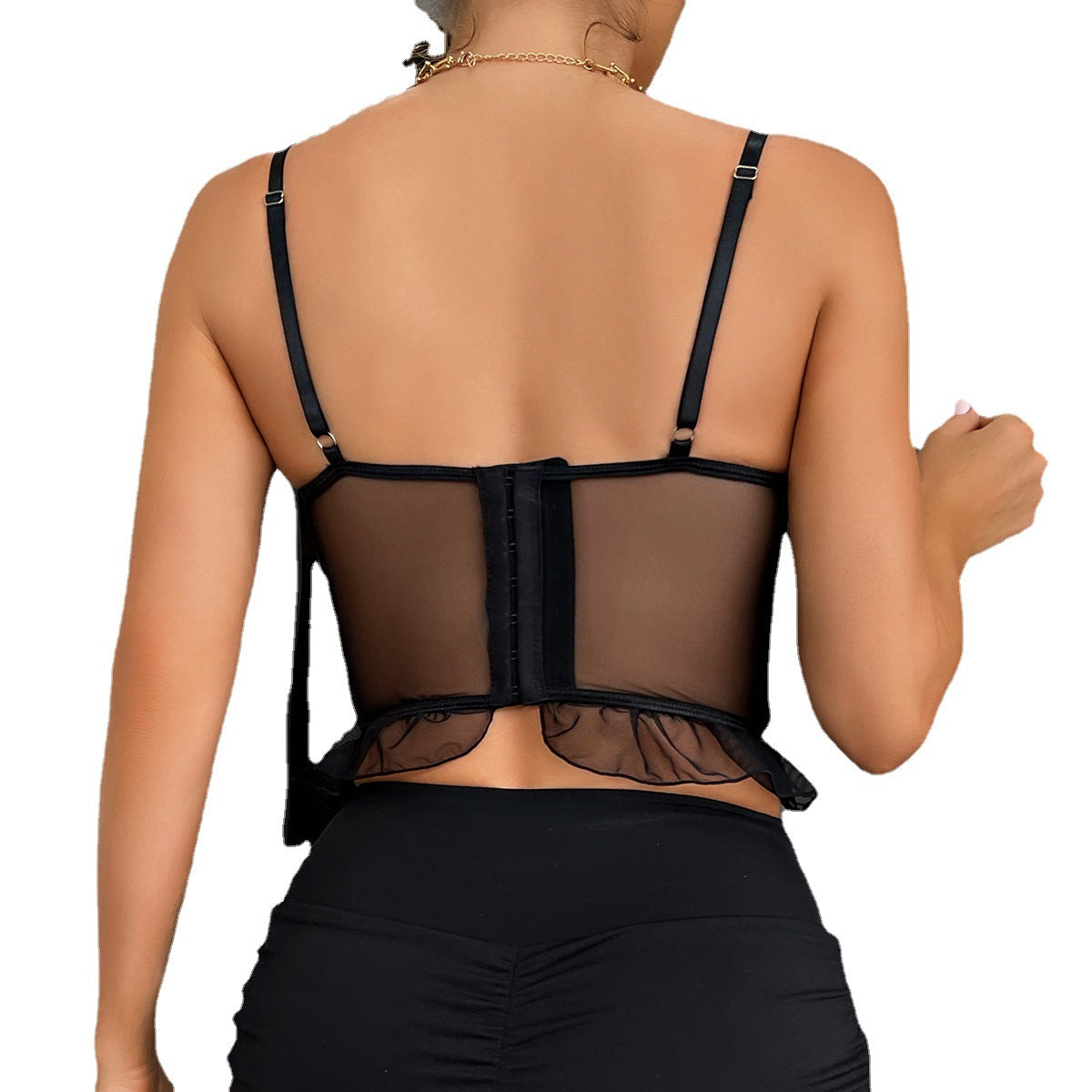 Women's Sexy Rose Flower Embroidery Splicing Mesh Gathered Chest Non-Transparent Versatile Top