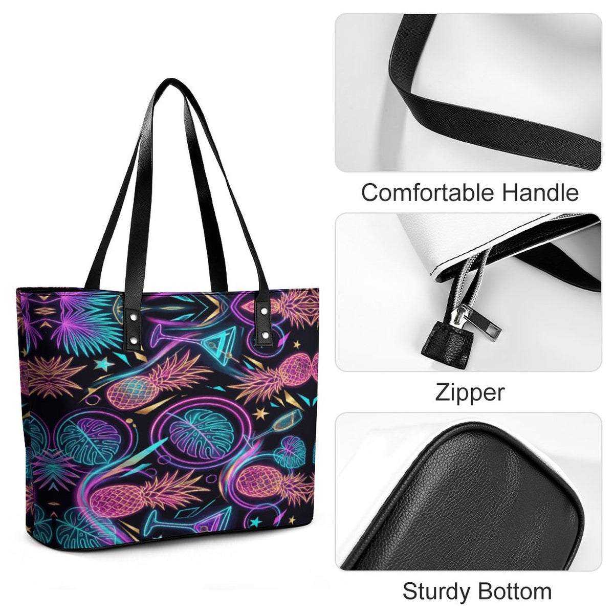 Neon Pineapple Women’s PU Leather Tote Bag | Stylish Everyday Travel & Toy Bag