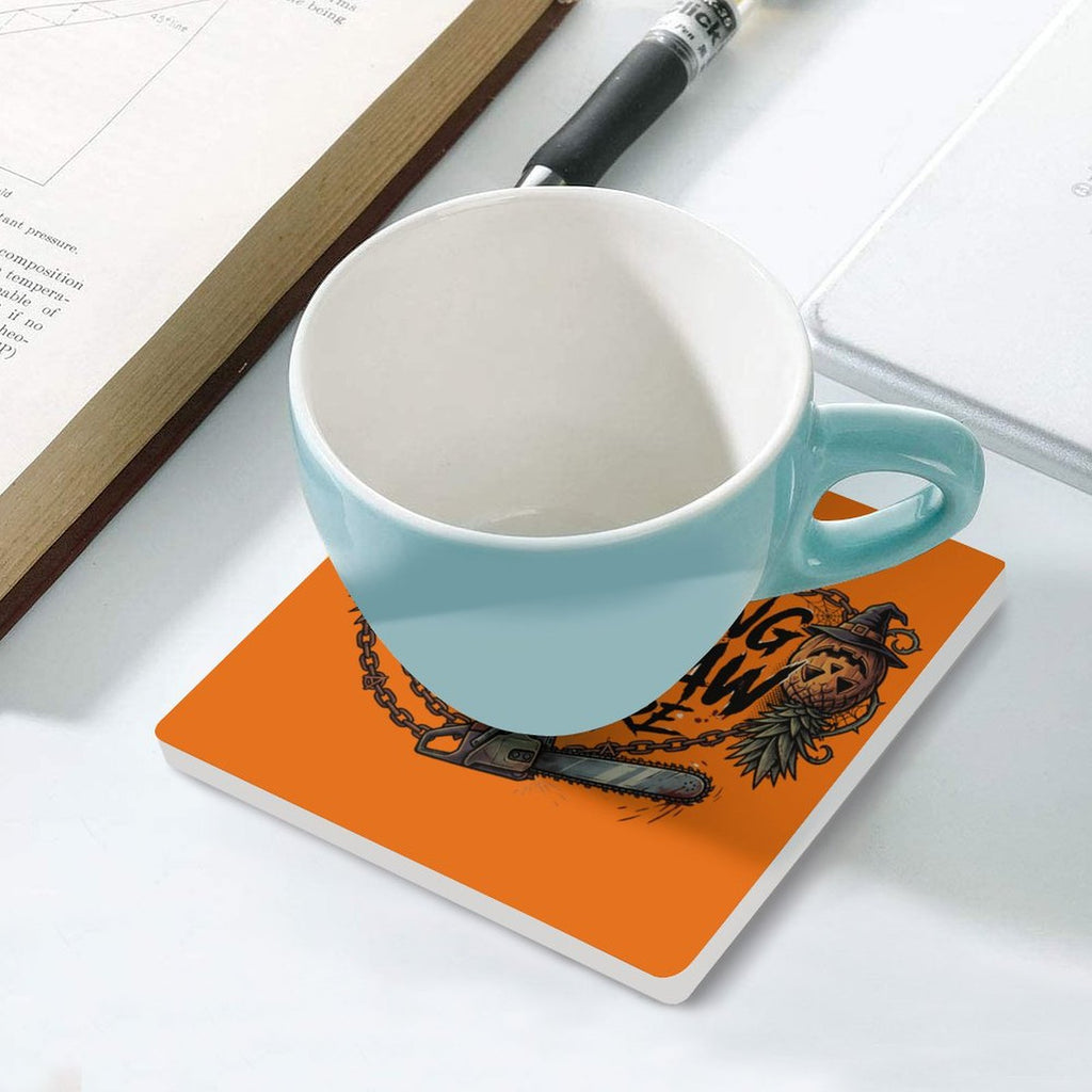 The Swinging Chainsaw Massacre Square Ceramic Coaster | Horror-Themed Cork Back Drink Coaster