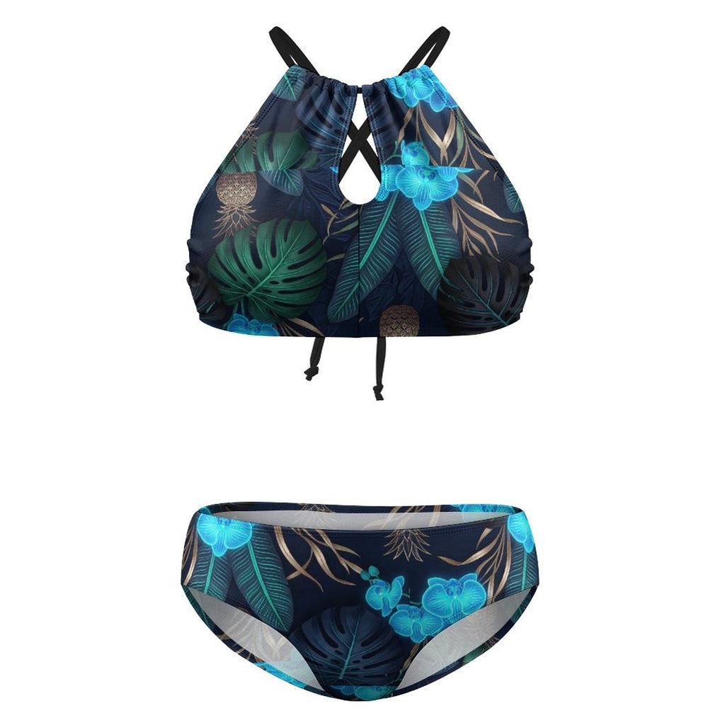 Plus Size Women's Two piece Swimsuit with High Neck Halter Top(All-Over Printing)