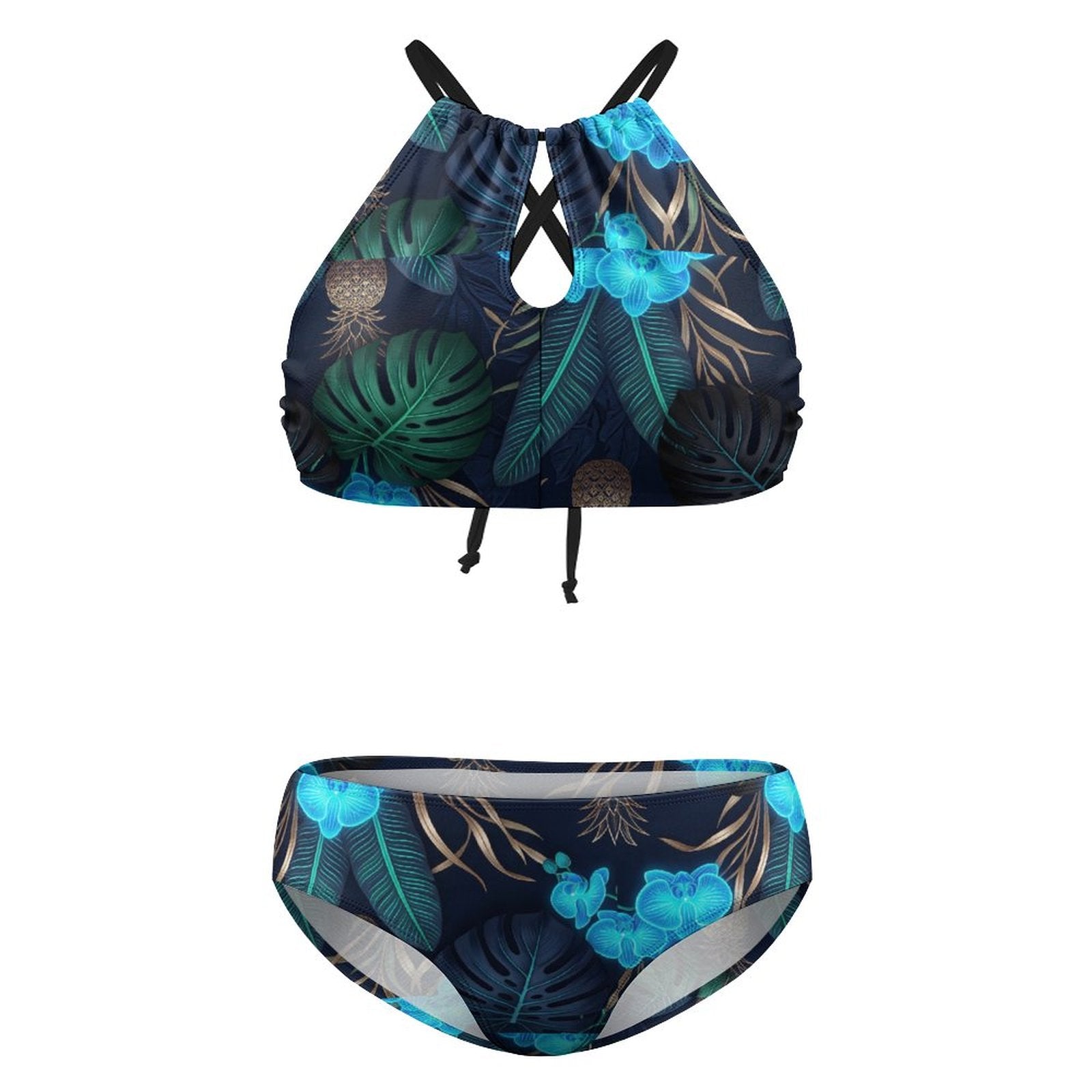 Plus Size Women's Two piece Swimsuit with High Neck Halter Top(All-Over Printing)