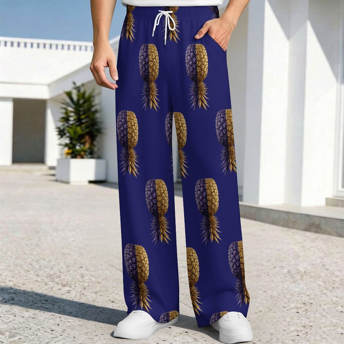Football Purple & Gold Pineapple Drawstring Wide Leg Casual Pants