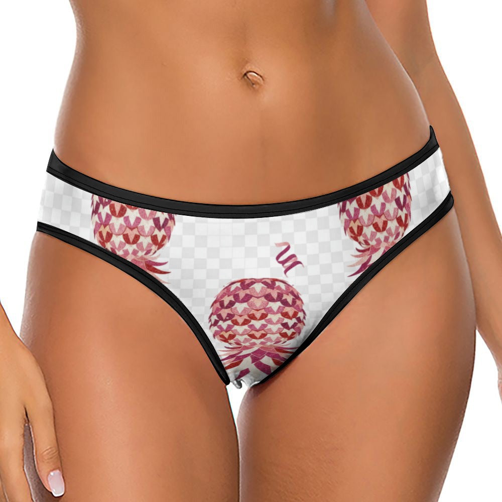 Woman wearing upside down pineapple down thongs