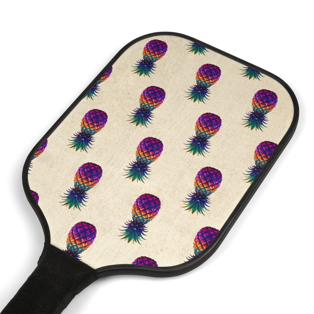 Close-up of the pineapple pickleball paddle’s poly-cotton fabric-wrapped handle and black edging.