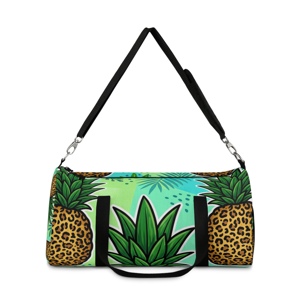 Tropical Pineapple Duffel Bag | Leopard Print Palm Travel Gym Bag with Mesh Pocket & Adjustable Strap