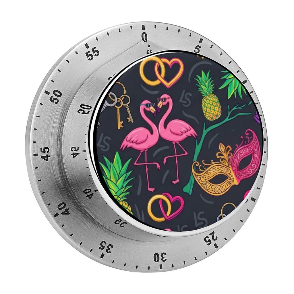 Kitchen timer with a swinger lifestyle theme composed of flamingos, pineapple, face masks and keys. Stainless steel kitchen timer with colorful face.