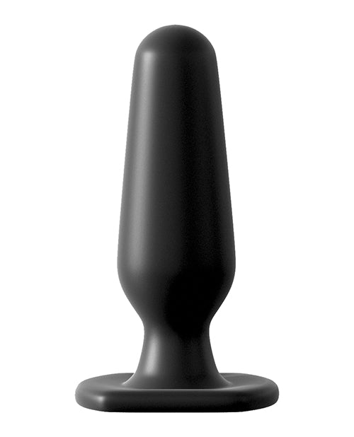 Black silicone butt plug on a white background