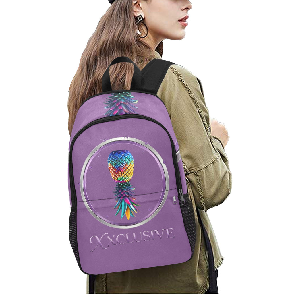 Girl with a purple backpack with the PineappleXXclusive logo on the back.
