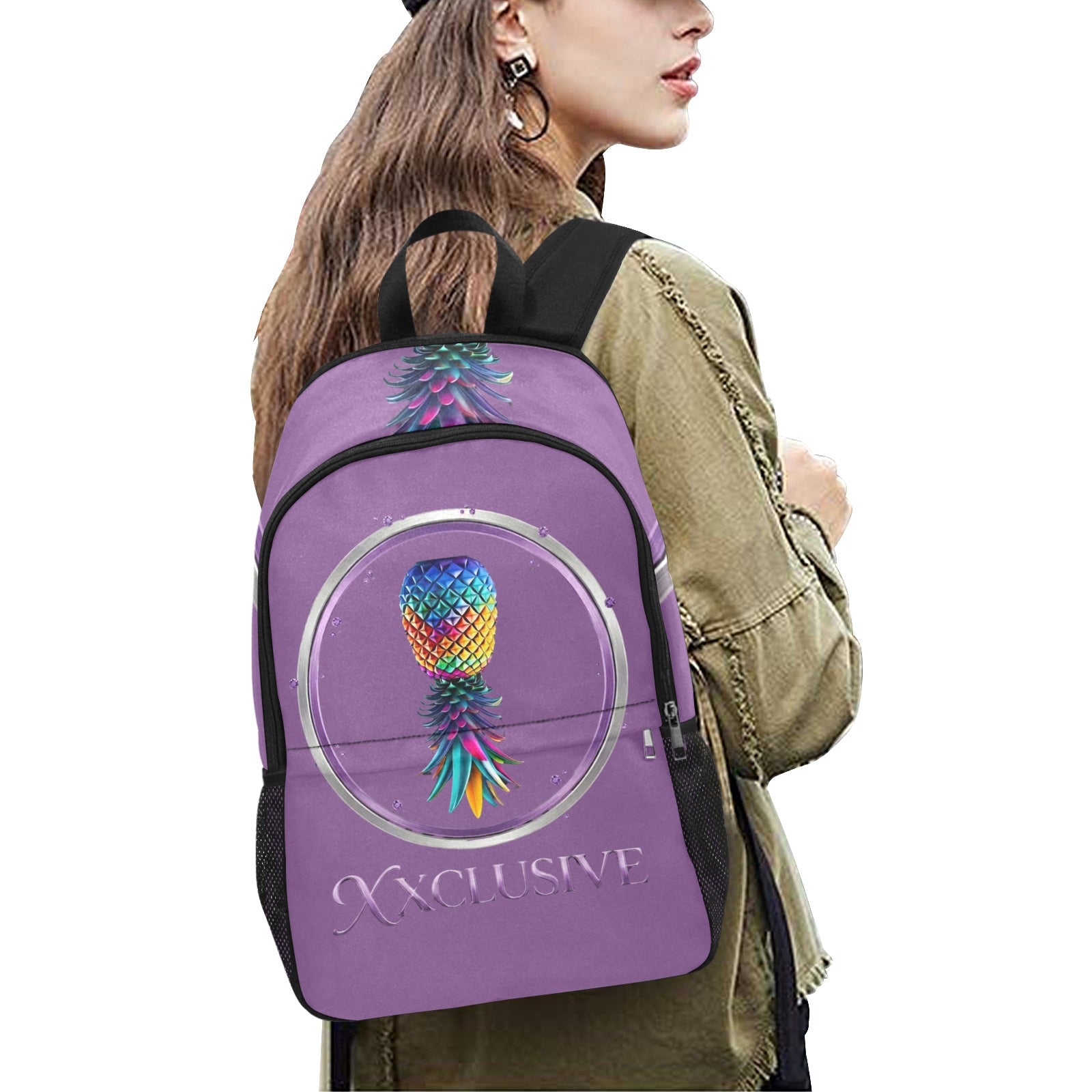 Girl with a purple backpack with the PineappleXXclusive logo on the back.
