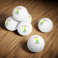 A set of white ping pong balls with a colorful logo printed on them, placed on a wooden surface.