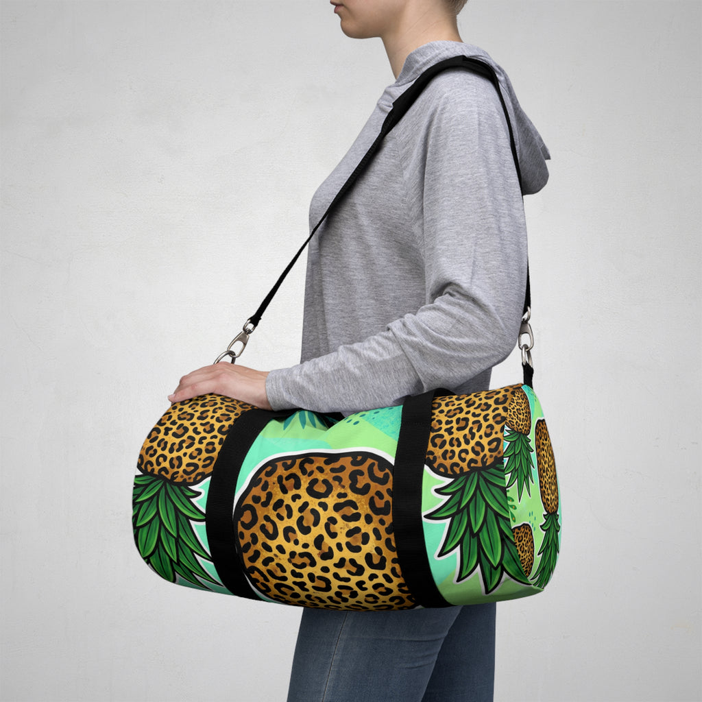 Tropical Pineapple Duffel Bag | Leopard Print Palm Travel Gym Bag with Mesh Pocket & Adjustable Strap