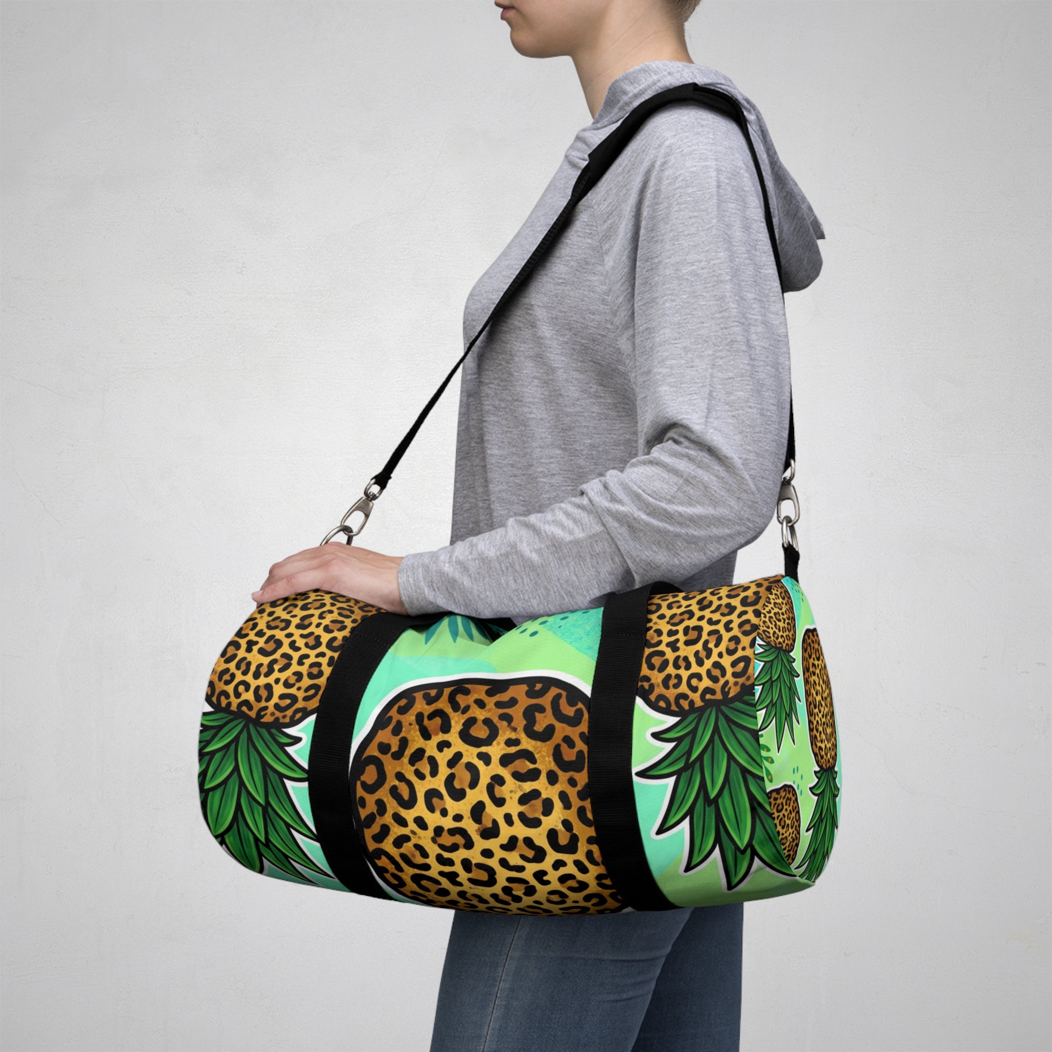 Tropical Pineapple Duffel Bag | Leopard Print Palm Travel Gym Bag with Mesh Pocket & Adjustable Strap