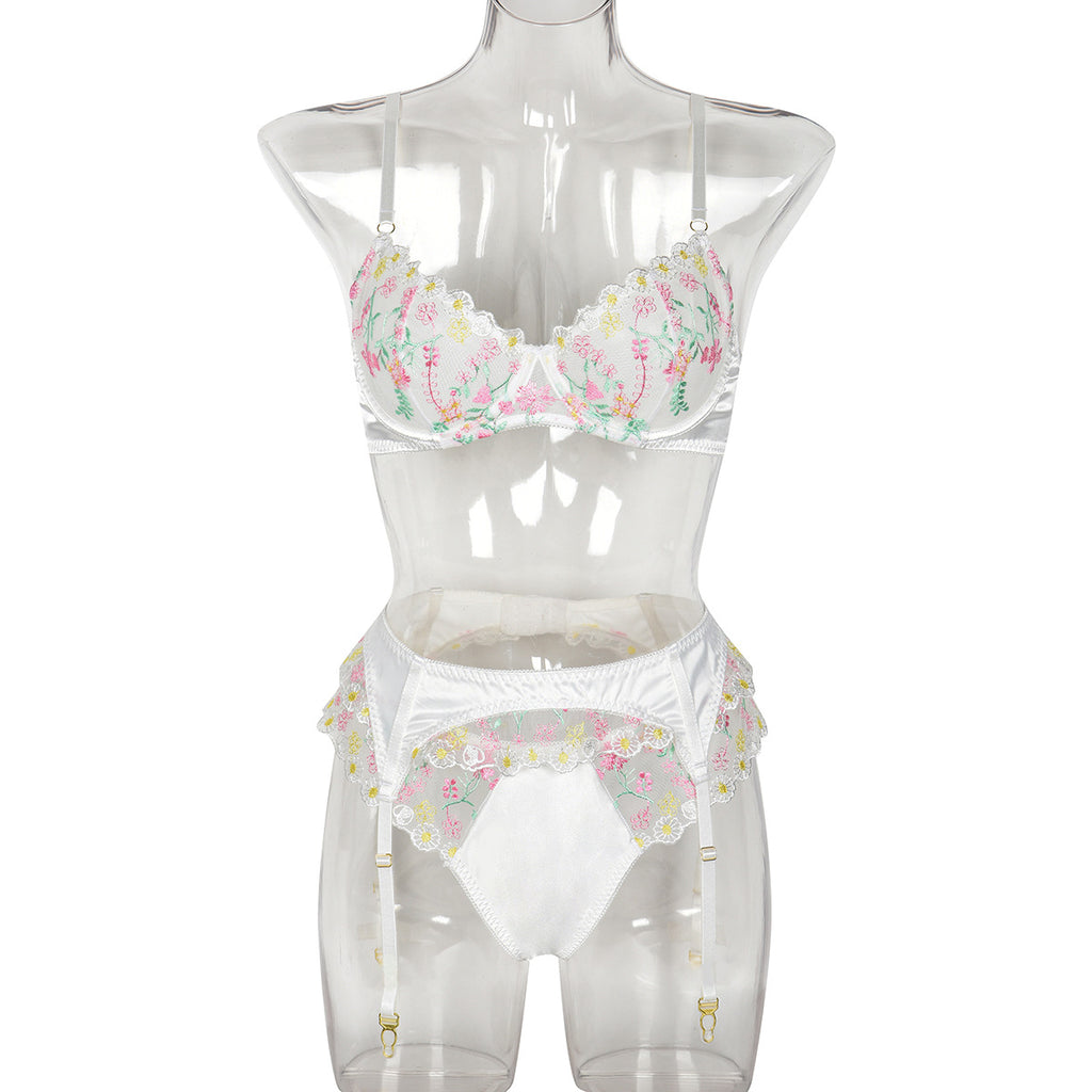 Women's Fashionable Lingerie Set with Elegant Embroidered Flowers and Satin Splicing - Sweet and Fresh Three-Piece Set