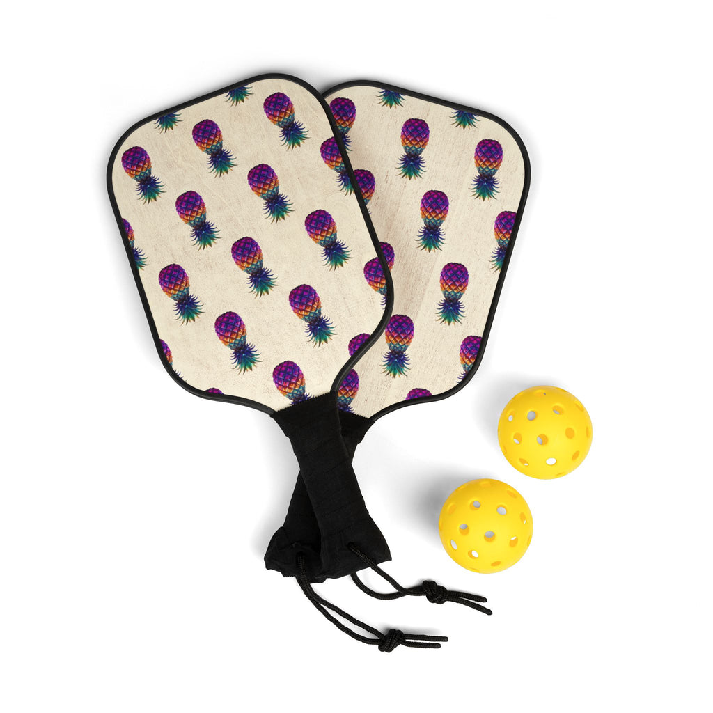 Colorful Pineapple Pickleball Paddle Set with two matching wooden paddles, two plastic balls, and a carry bag.