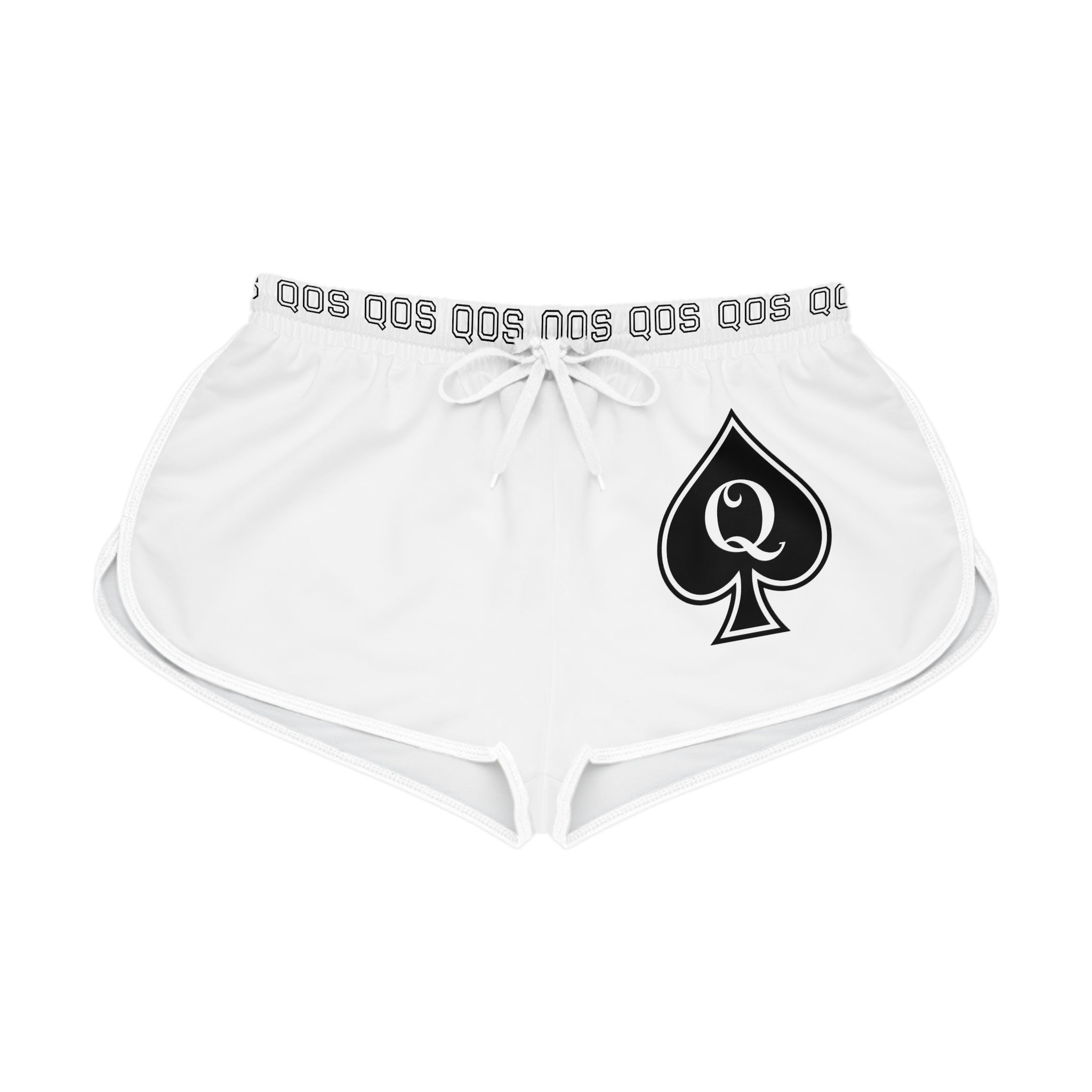 White shorts with a black spade symbol and text on a white background