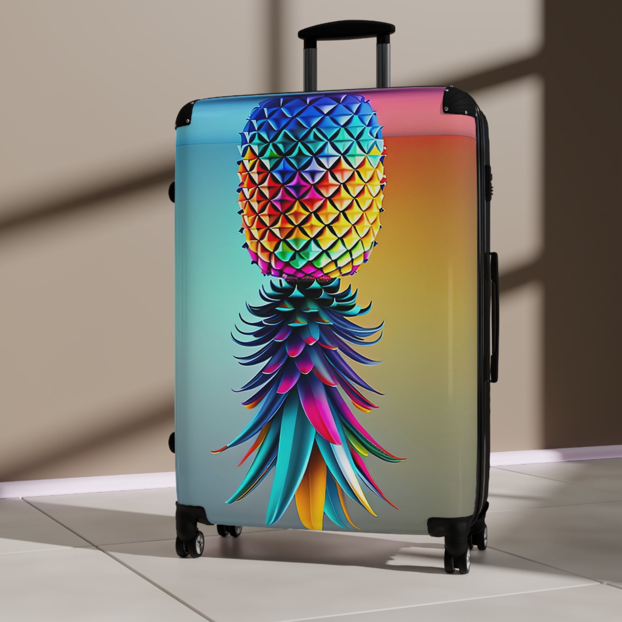 A colorful suitcase featuring a vibrant pineapple design, set against a luggage handle and wheels.