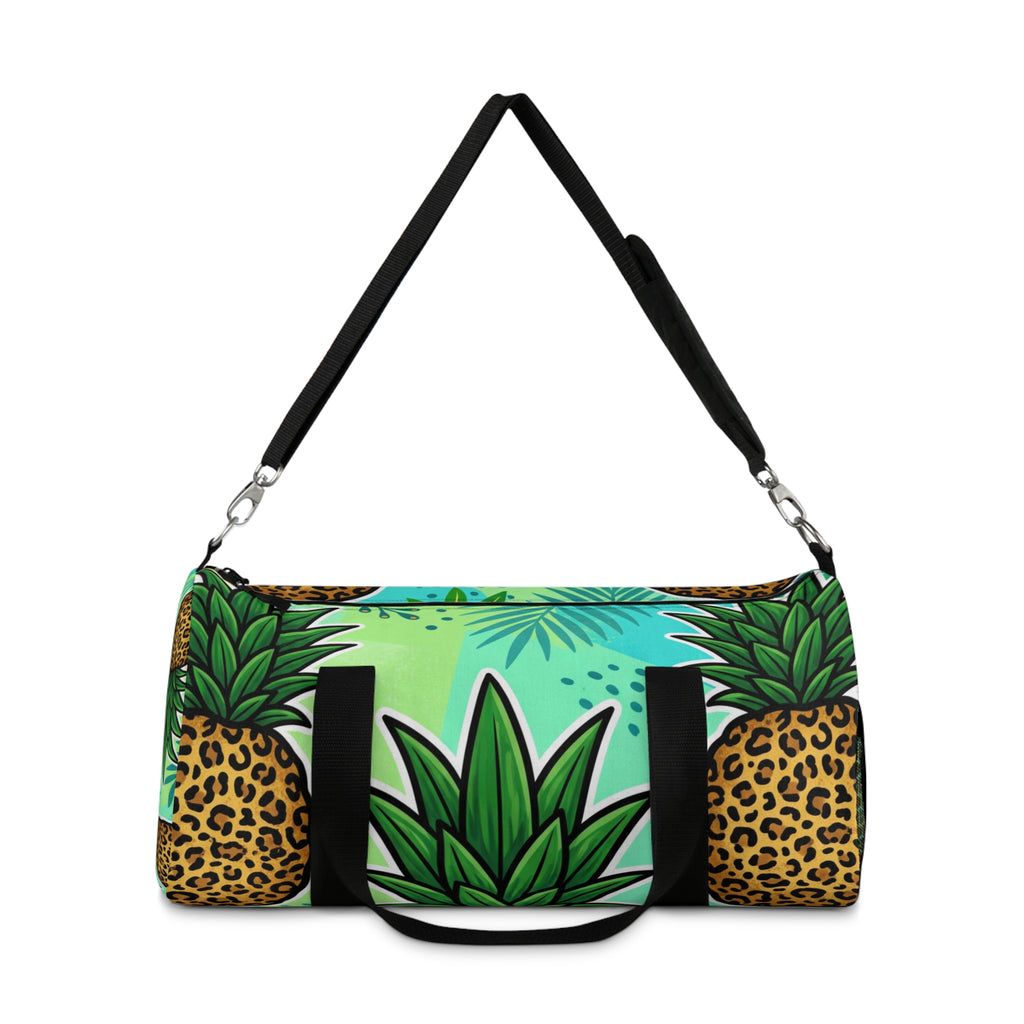 Tropical Pineapple Duffel Bag | Leopard Print Palm Travel Gym Bag with Mesh Pocket & Adjustable Strap