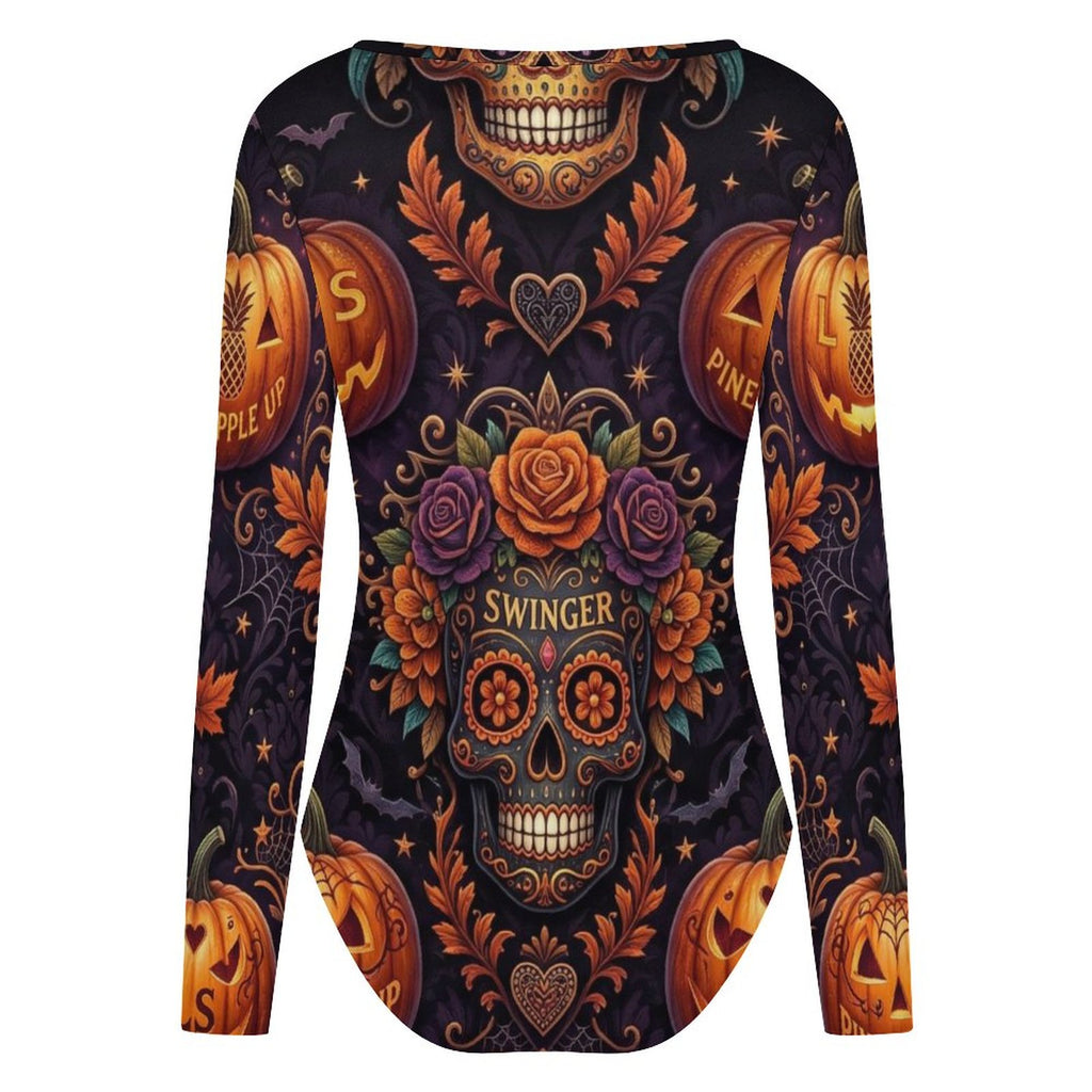 Swinger Halloween Square Neck Long Sleeve Bodysuit Jumpsuit for Women