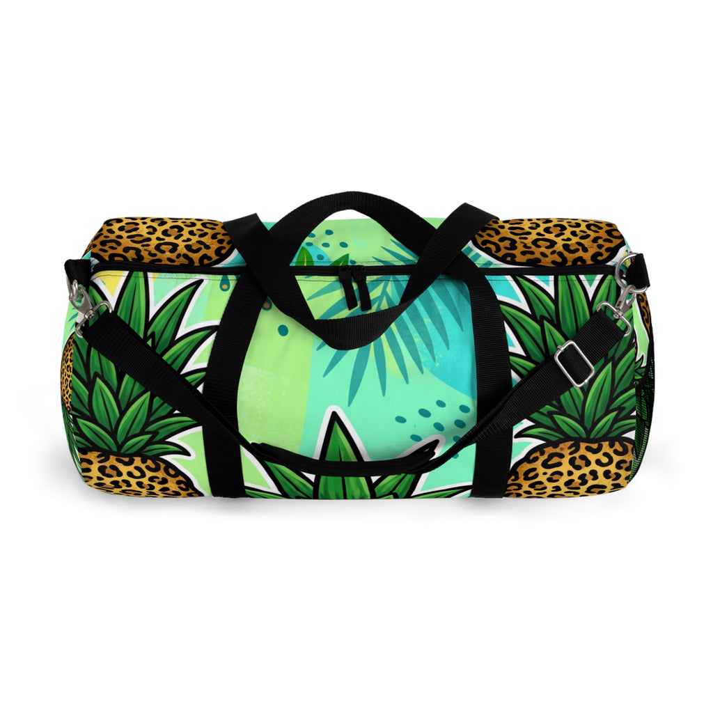 Tropical Pineapple Duffel Bag | Leopard Print Palm Travel Gym Bag with Mesh Pocket & Adjustable Strap