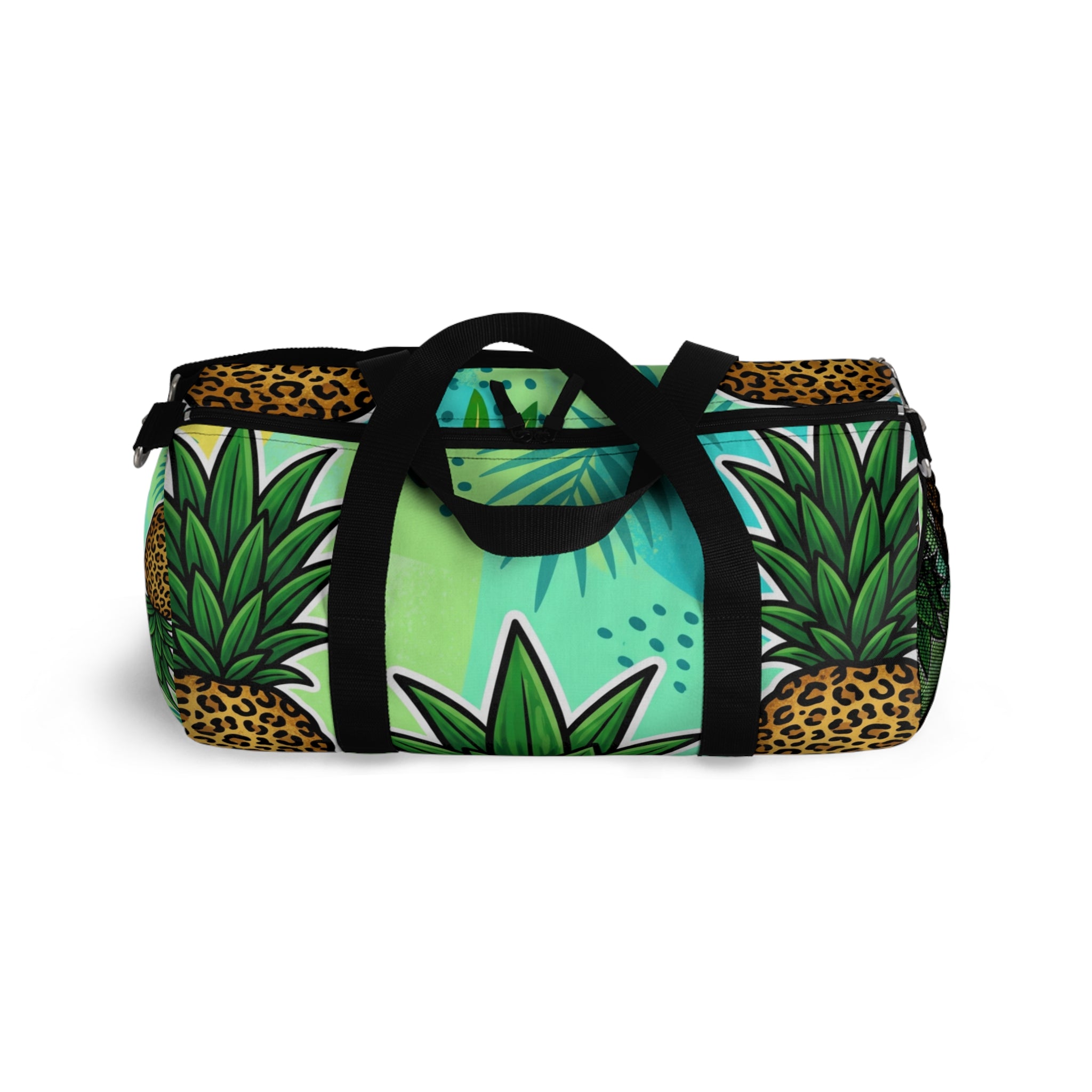 Tropical Pineapple Duffel Bag | Leopard Print Palm Travel Gym Bag with Mesh Pocket & Adjustable Strap