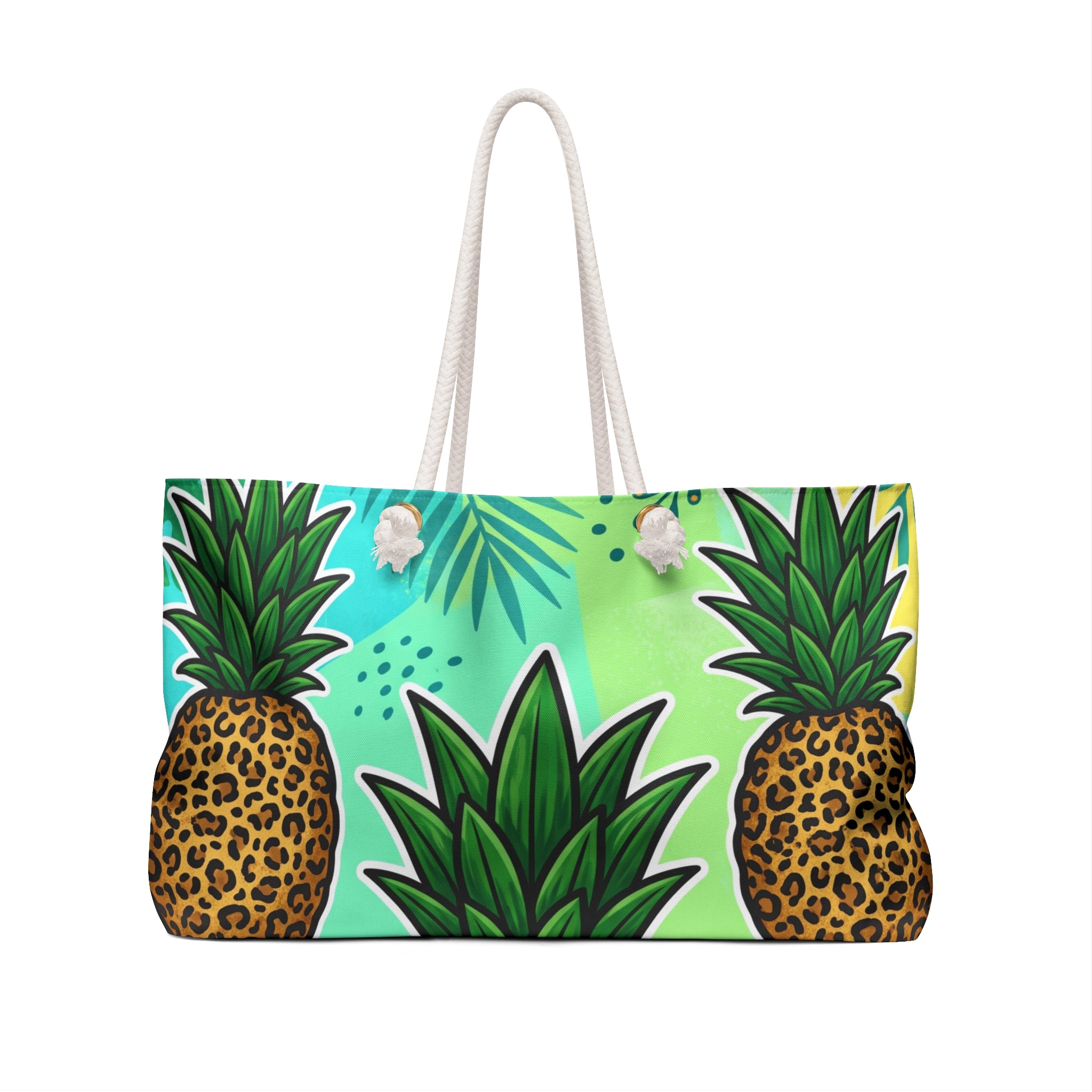 Tropical Leopard Pineapple Weekender Bag | Bright Green Beach Tote with T-Bottom & Rope Handles