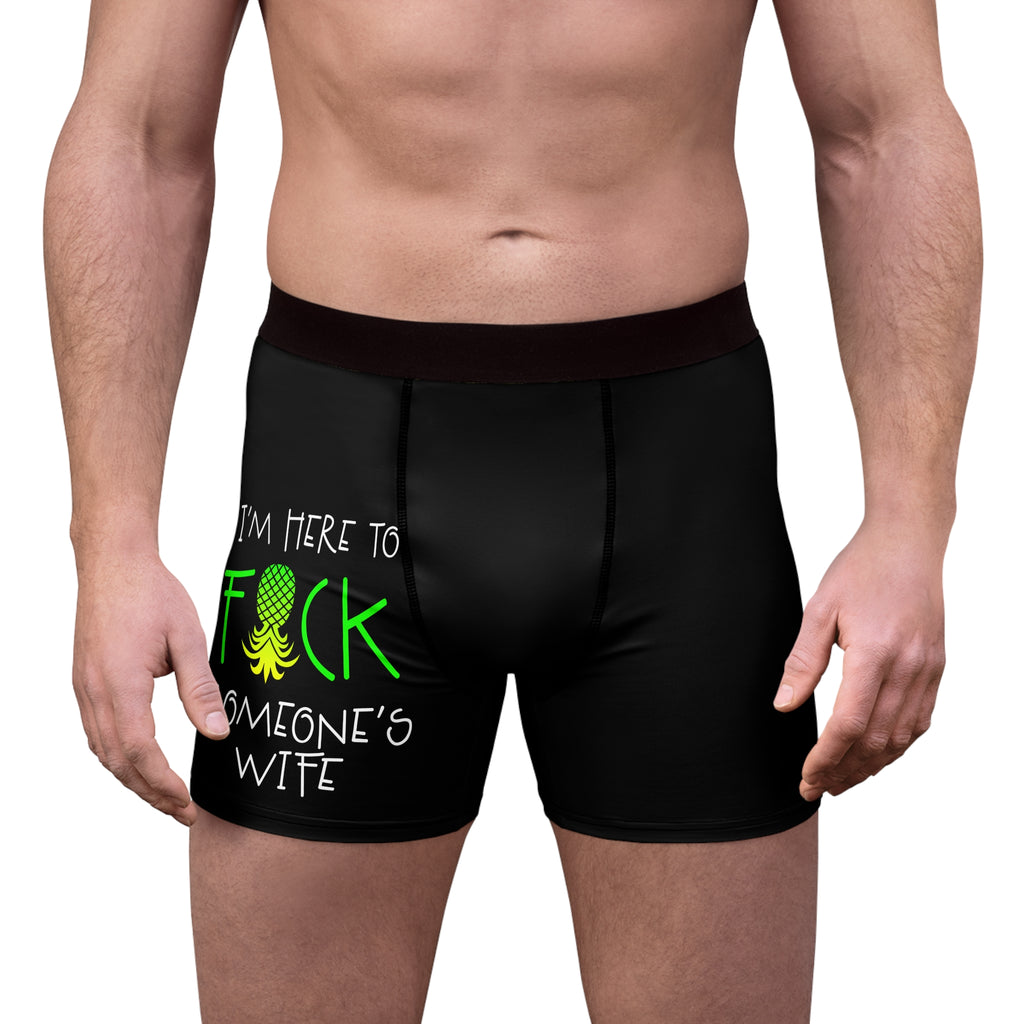 Black boxer briefs with graphic design and text on a white background