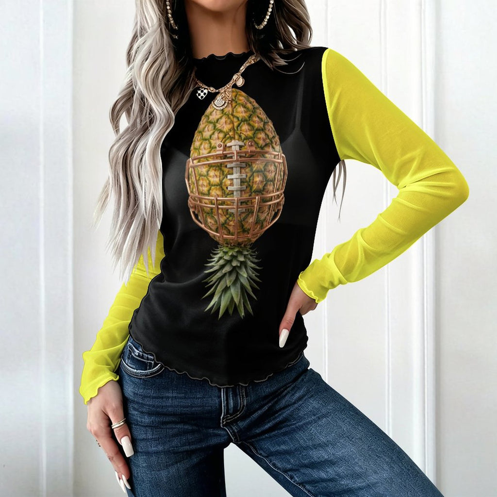 Pineapple Football High Neck Mesh Top For Women