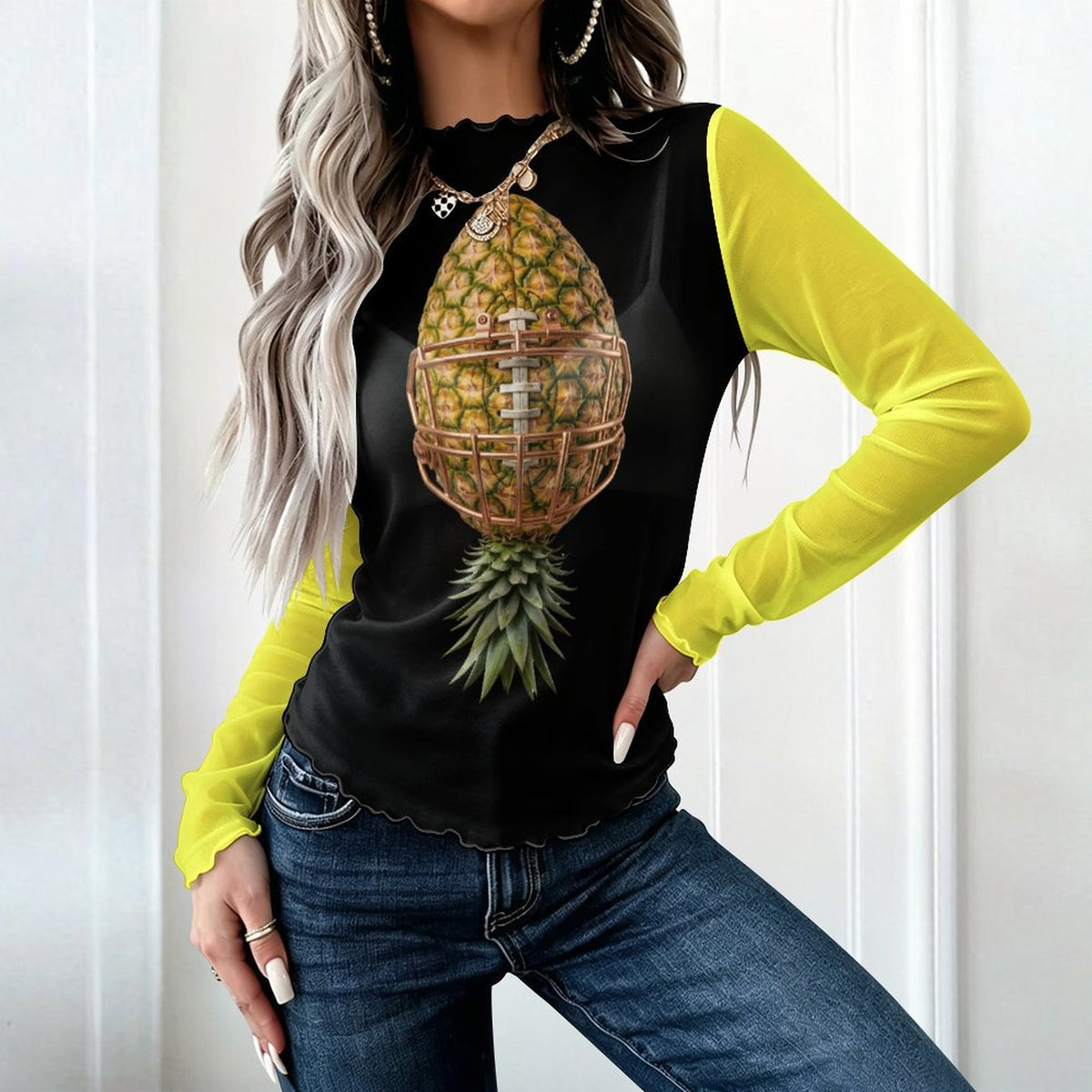 Pineapple Football High Neck Mesh Top For Women