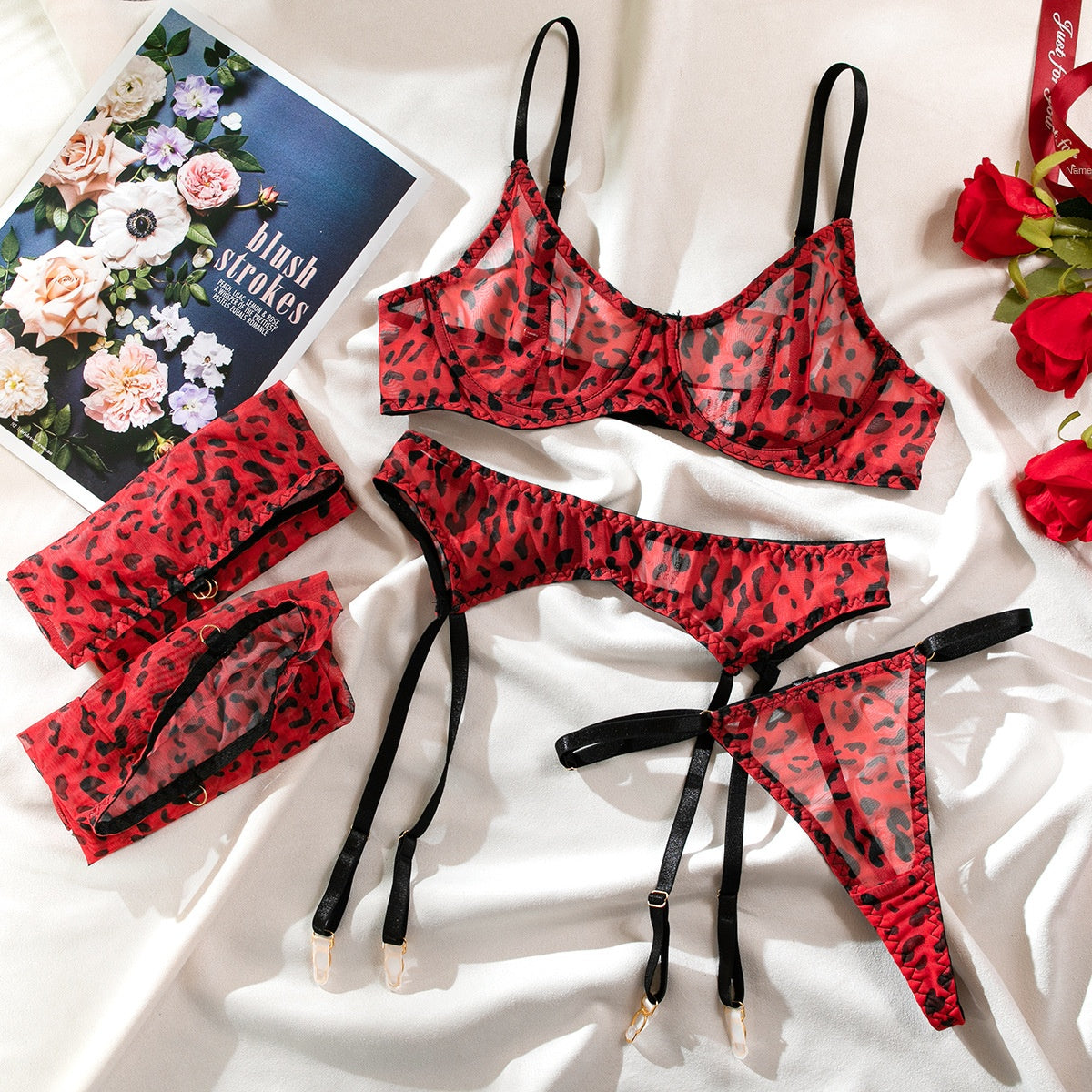 Arrival Sexy Mesh Printed Leopard Pattern Transparent Push-up Set with Stockings