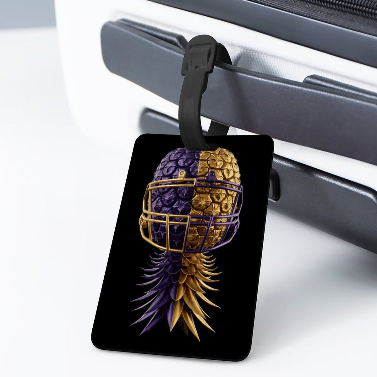 Football Inspired Purple & Gold Luggage Tag with Black Hanging Loop