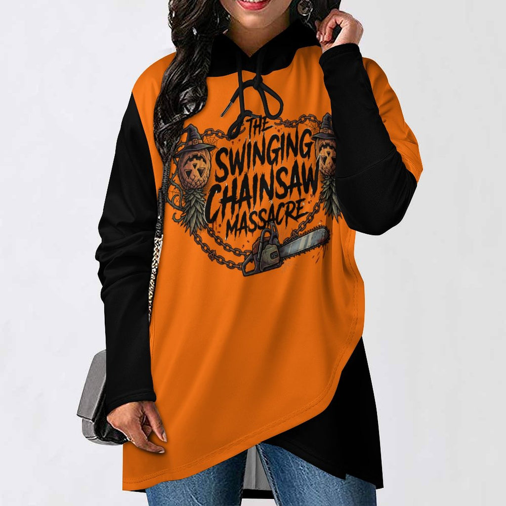 The Swinging Chainsaw Massacre Poncho-style Long Sleeve Women Hoodie with Irregular Hem