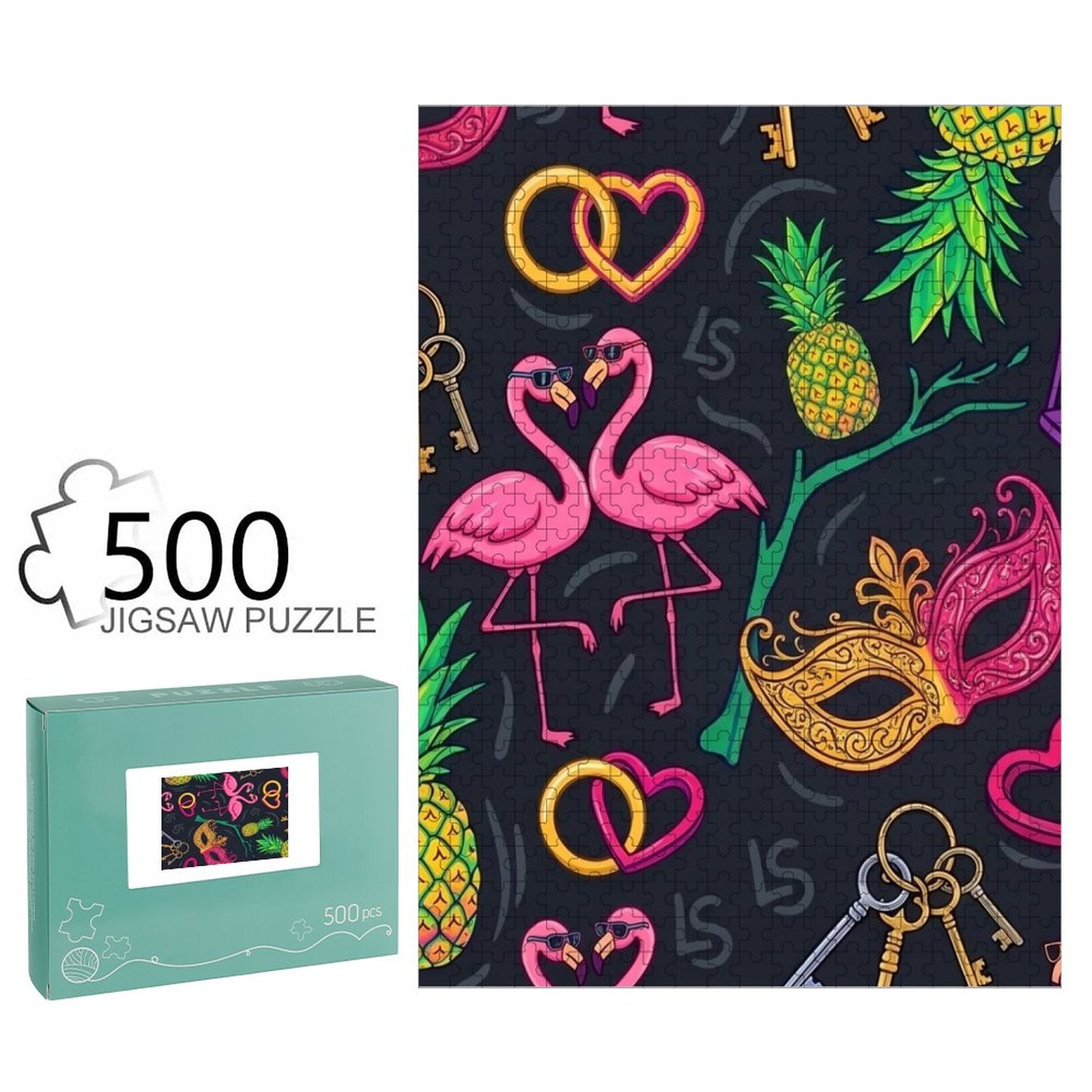 A 500-piece jigsaw puzzle box and the completed puzzle design. The box is light teal with a small window showing the colorful puzzle artwork.