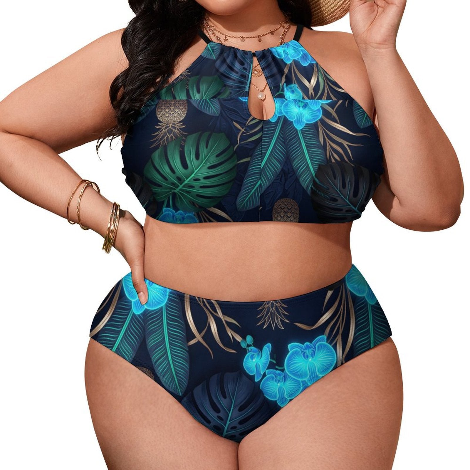 Plus Size Women's Two piece Swimsuit with High Neck Halter Top(All-Over Printing)