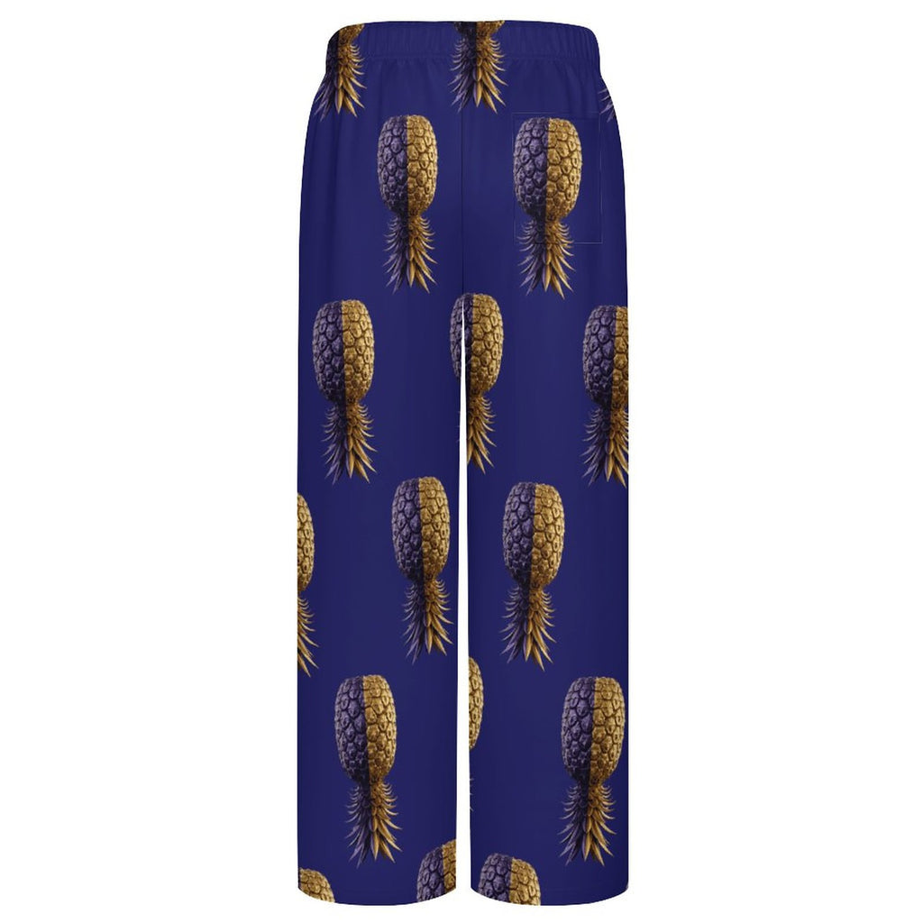 Football Purple & Gold Pineapple Drawstring Wide Leg Casual Pants