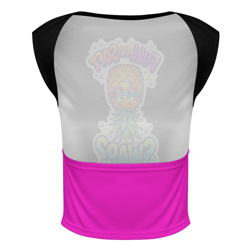 A women's raglan-style crop top with a light gray body, black cap sleeves, and a bright pink hem. The back of the top features a large, faded graphic of a cartoon character with the text 'Tired of Being Normal?'.
