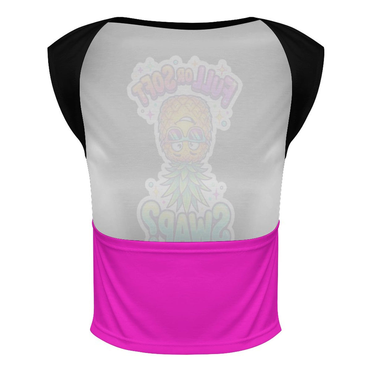 A women's raglan-style crop top with a light gray body, black cap sleeves, and a bright pink hem. The back of the top features a large, faded graphic of a cartoon character with the text 'Tired of Being Normal?'.