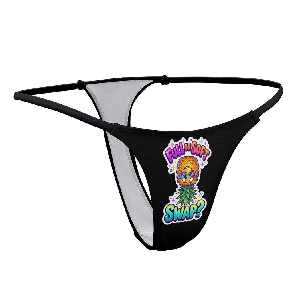 Black thong underwear with a sheer mesh side panel and a colorful graphic print on the front featuring a pineapple character and the text 'Ponzi-Soft Swap?'.