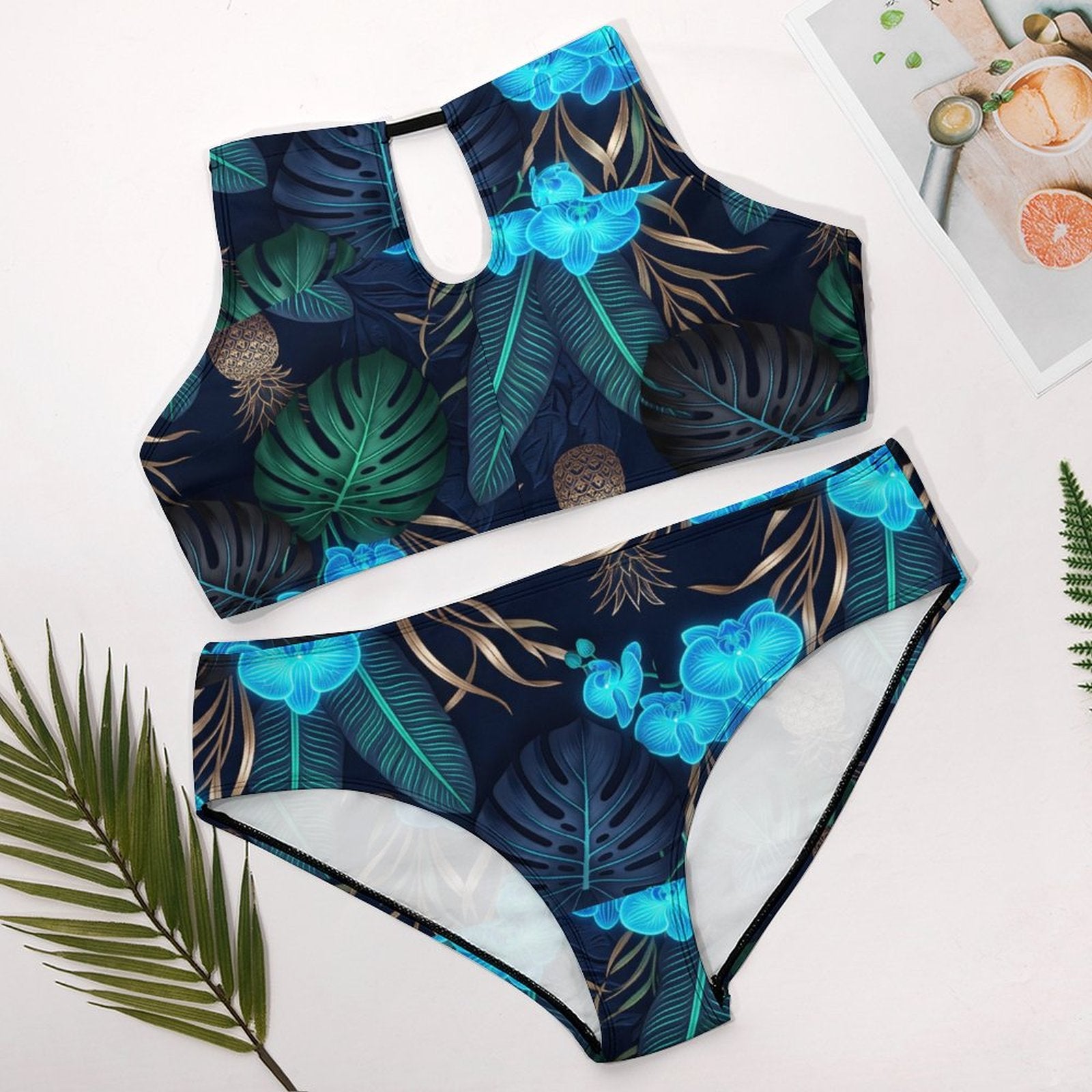Plus Size Women's Two piece Swimsuit with High Neck Halter Top(All-Over Printing)