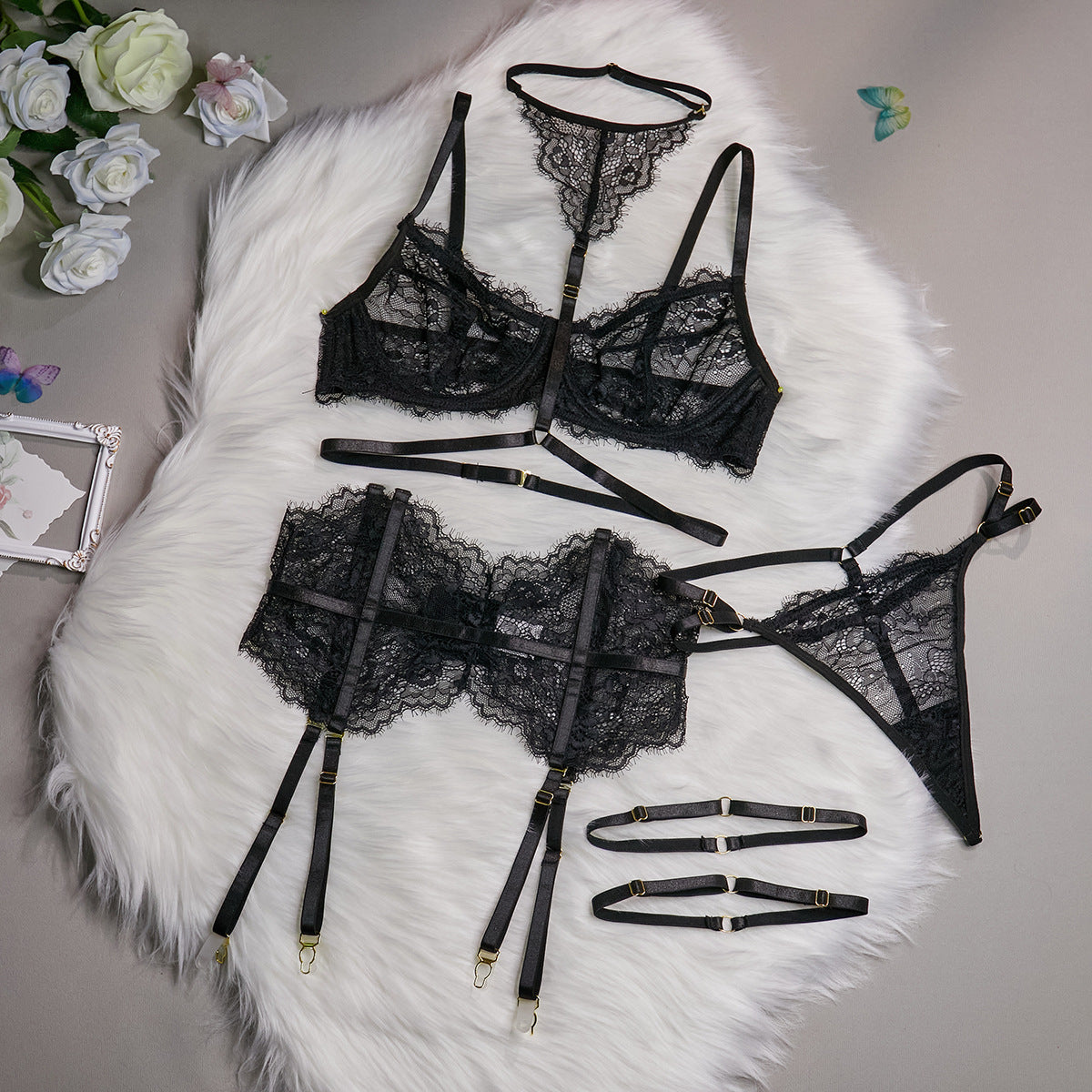 Cross-border Sexy Three-piece Set Hot Selling Lace Eyelash Fringe Boned Splicing with Neck Hanging Ankle Cuffs