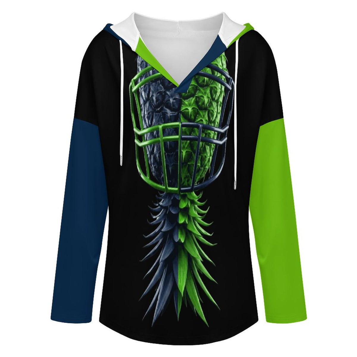 Neon Green & Navy Women's V Neck Long Sleeve Hoodie
