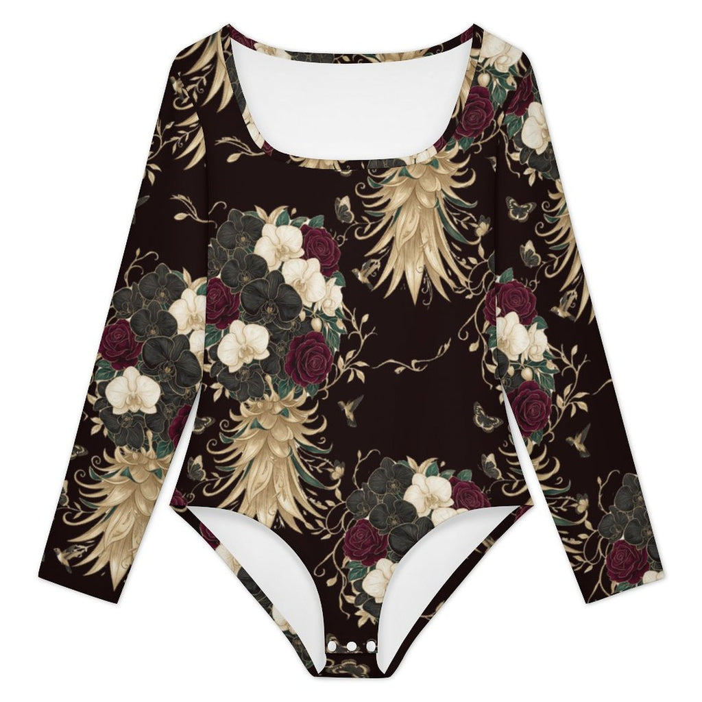 Square Floral Pineapple Long Sleeve Jumpsuit | Women’s Bodysuit